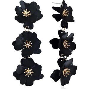 Boho Triple Flower Drop Earrings Long Matte Floral Dangle Black Floral Earrings